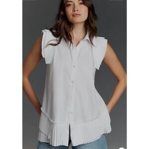 By Anthropologie Sleeveless Pleated Blouse in White. Size L. NWT